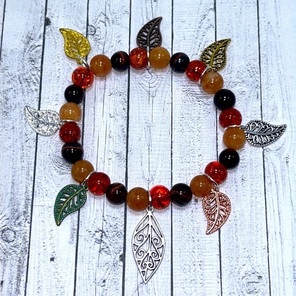 Handmade Leaf Charm Bracelet with Natural Tiger Eye & Sun Stones! - Picture 2 of 13